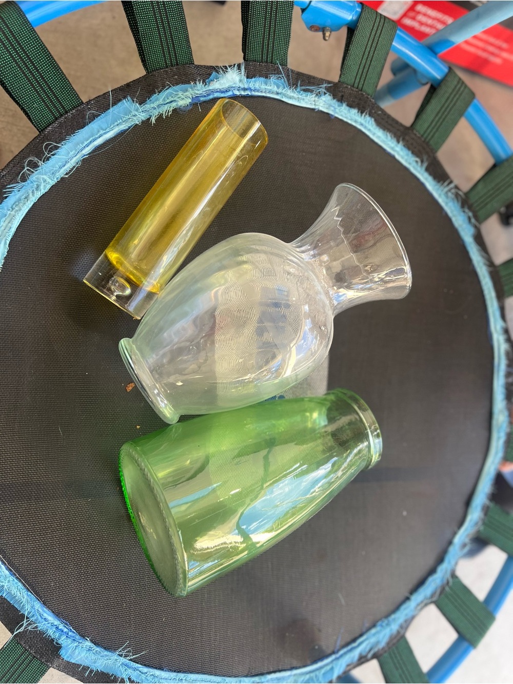Set of Three Decorative Glass Vases - Yellow, Clear & Green